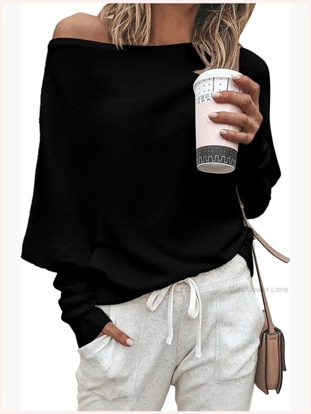 Off Shoulder Batwing Sleeve Loose Knit Pullover Sweater Tops